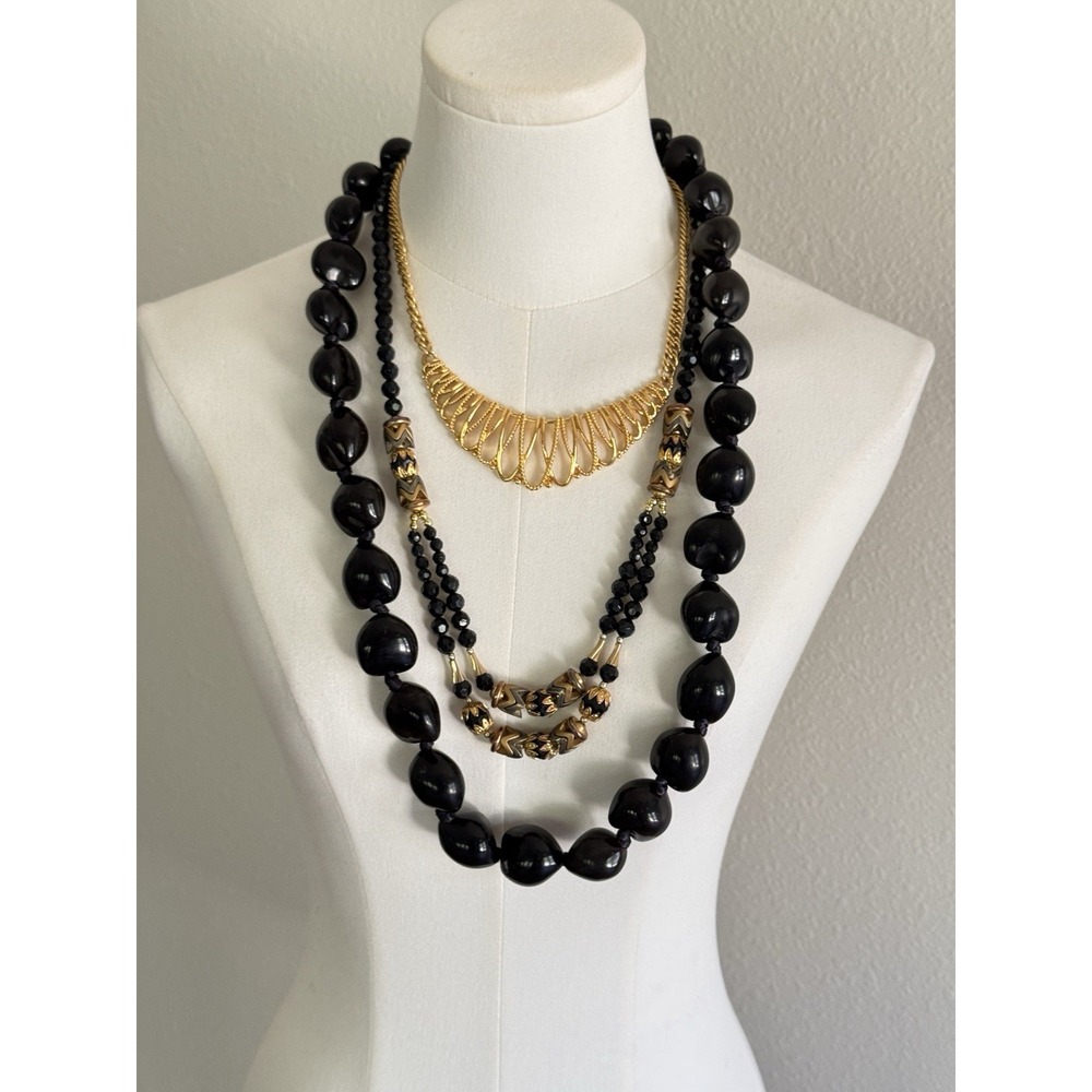 Lot Vintage Black Bead Statement Gold Tone Necklaces WhimsiGoth Layered Cosplay